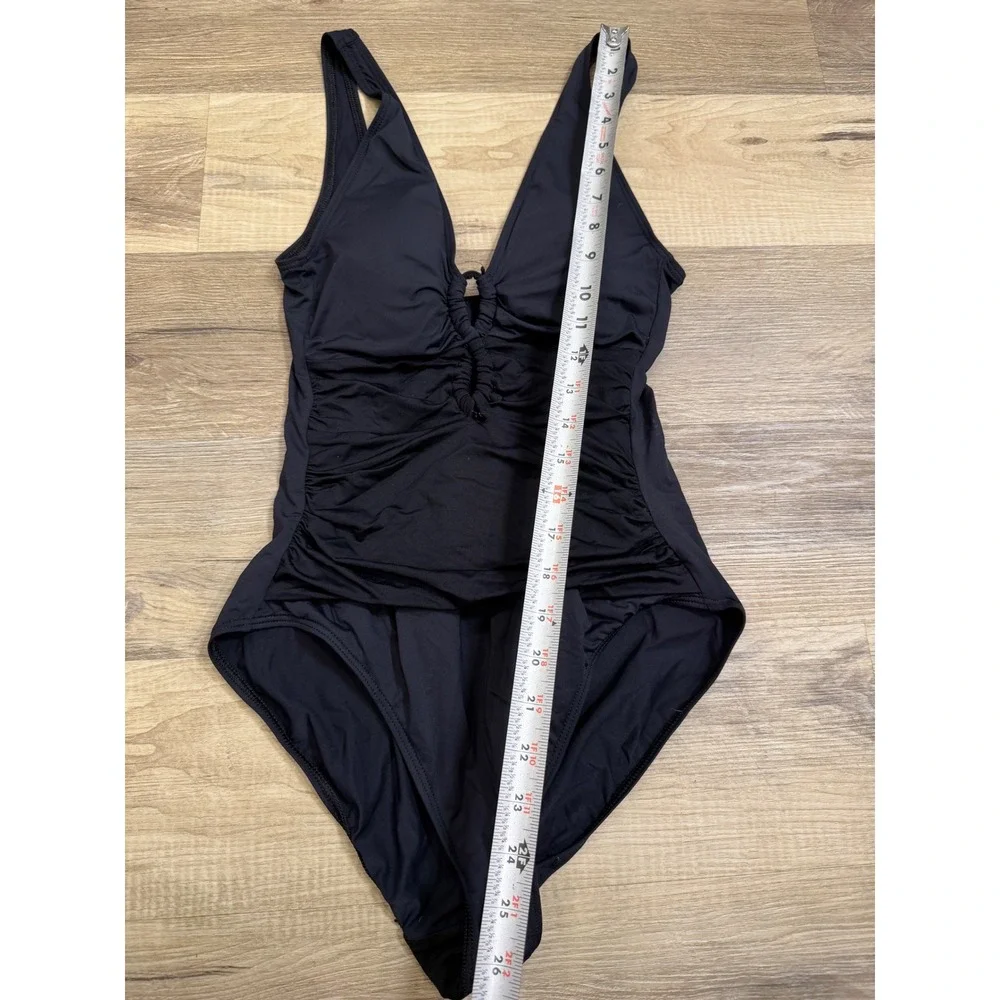 Lauren Ralph Lauren Black Ruched V-Neck One Piece Swimsuit Size 10